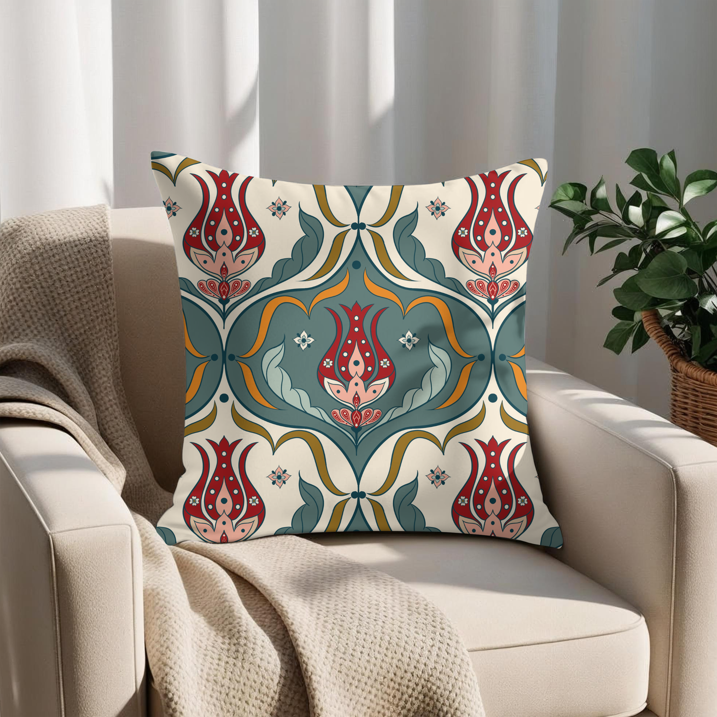 Turkish heritage tulip tile cushion cover in crimson amber and teal — printed to order UK