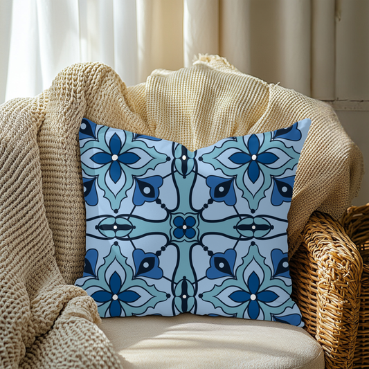 Moroccan Tile Cushion Cover Blue Teal Navy Geometric Pattern Hand-Drawn North African Decor