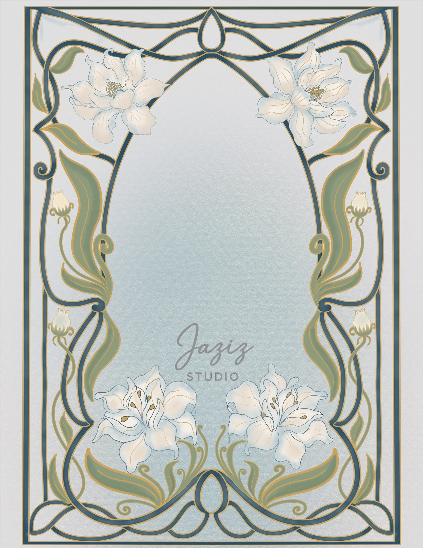 Art Nouveau Floral Frame Printable – Porcelain Blue & Antique Gold (US Letter)