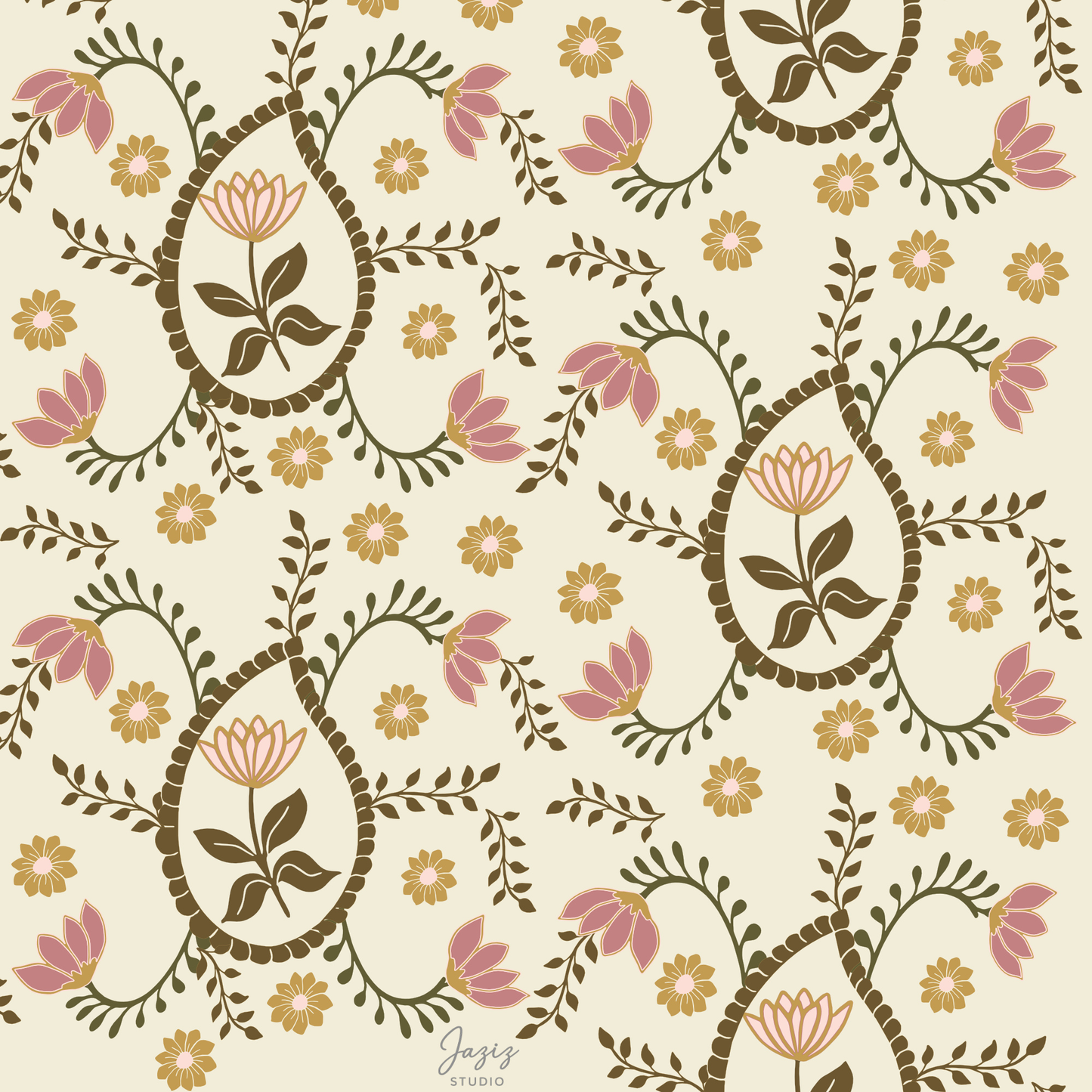 Paisley Floral Art Print Ivory, Pink & Gold Hand-Drawn Digital Download