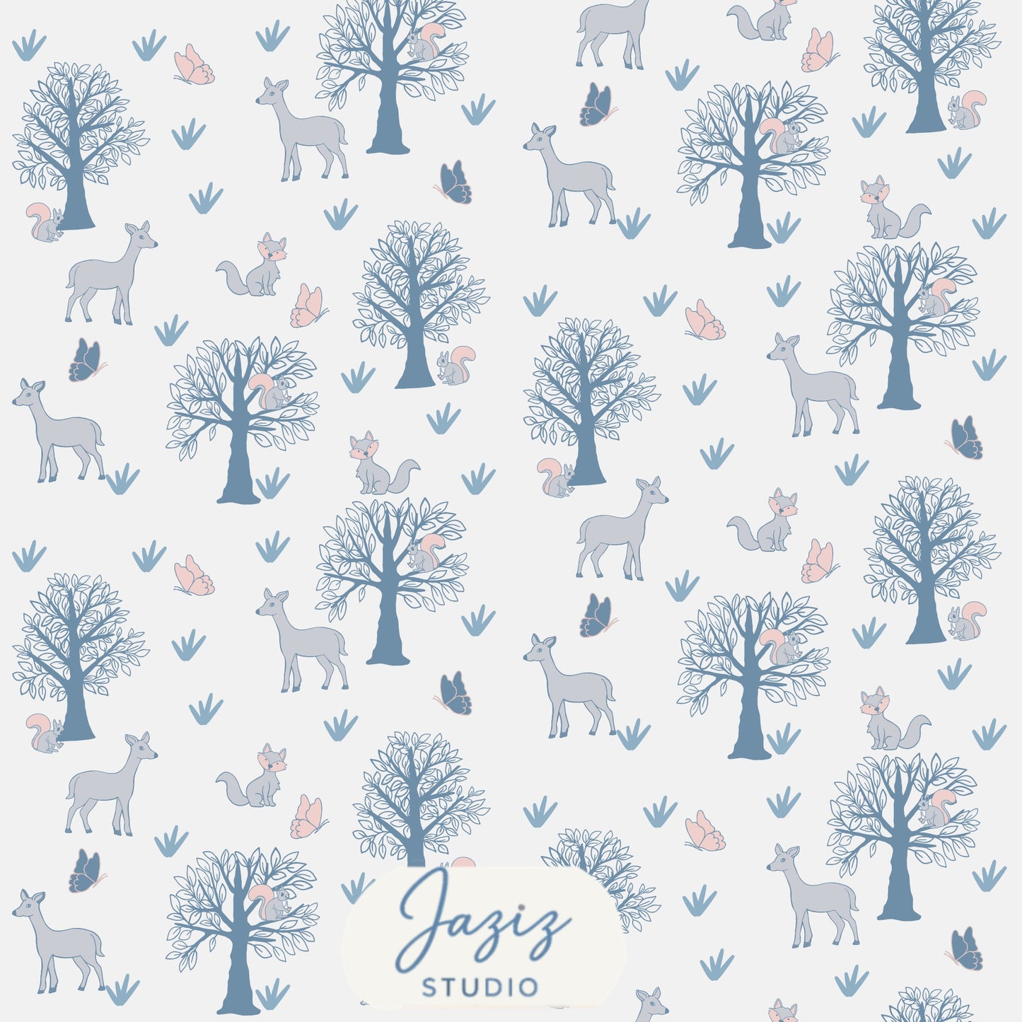 Woodland Friends Nursery Pattern – Soft Blue Forest Animals