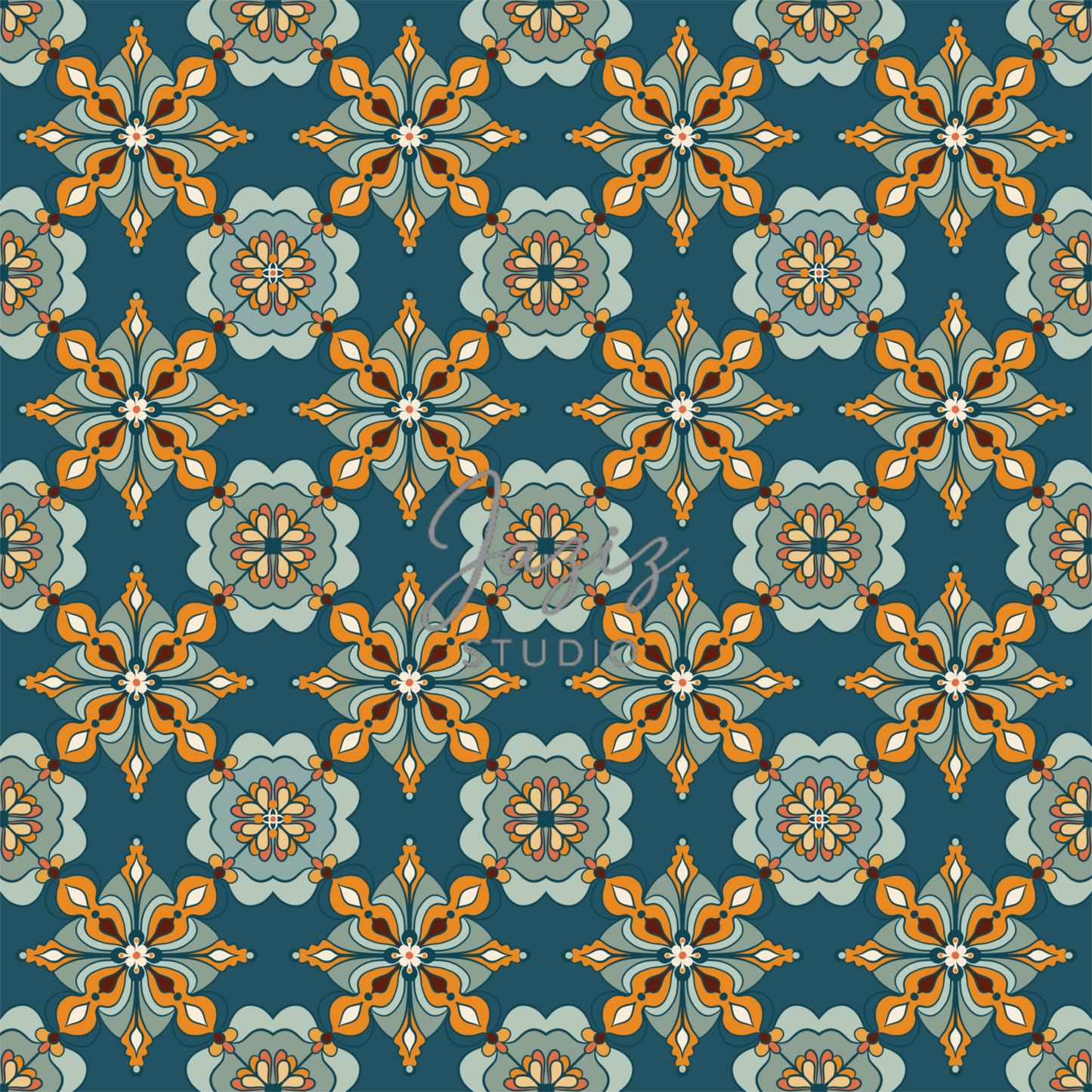 Moroccan zellige tile pattern digital art print in deep teal and marigold — hand-drawn geometric wall art, instant download 300 DPI