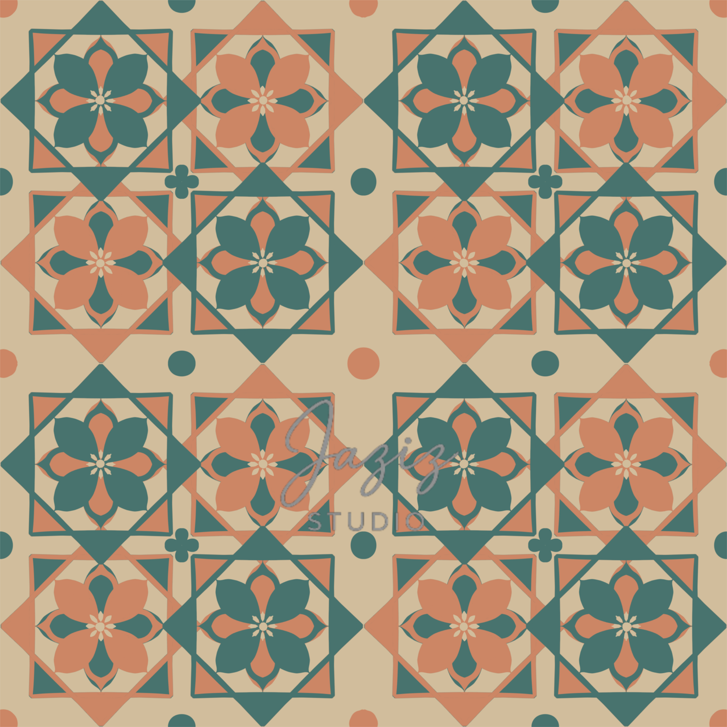 Moroccan zellige tile pattern digital art print in teal, terracotta and cream — instant download 300 DPI