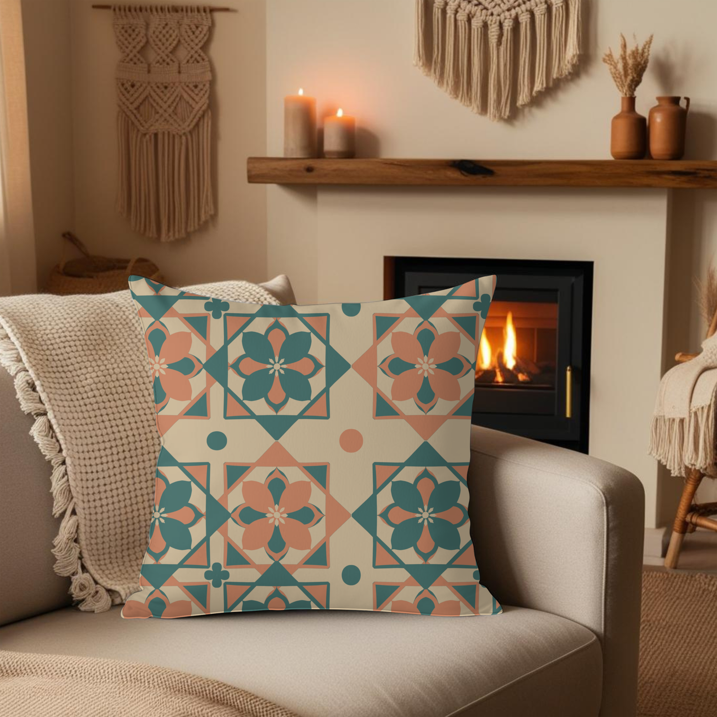 Moroccan tile pattern cushion cover in teal, terracotta and cream — hand-drawn North African design
