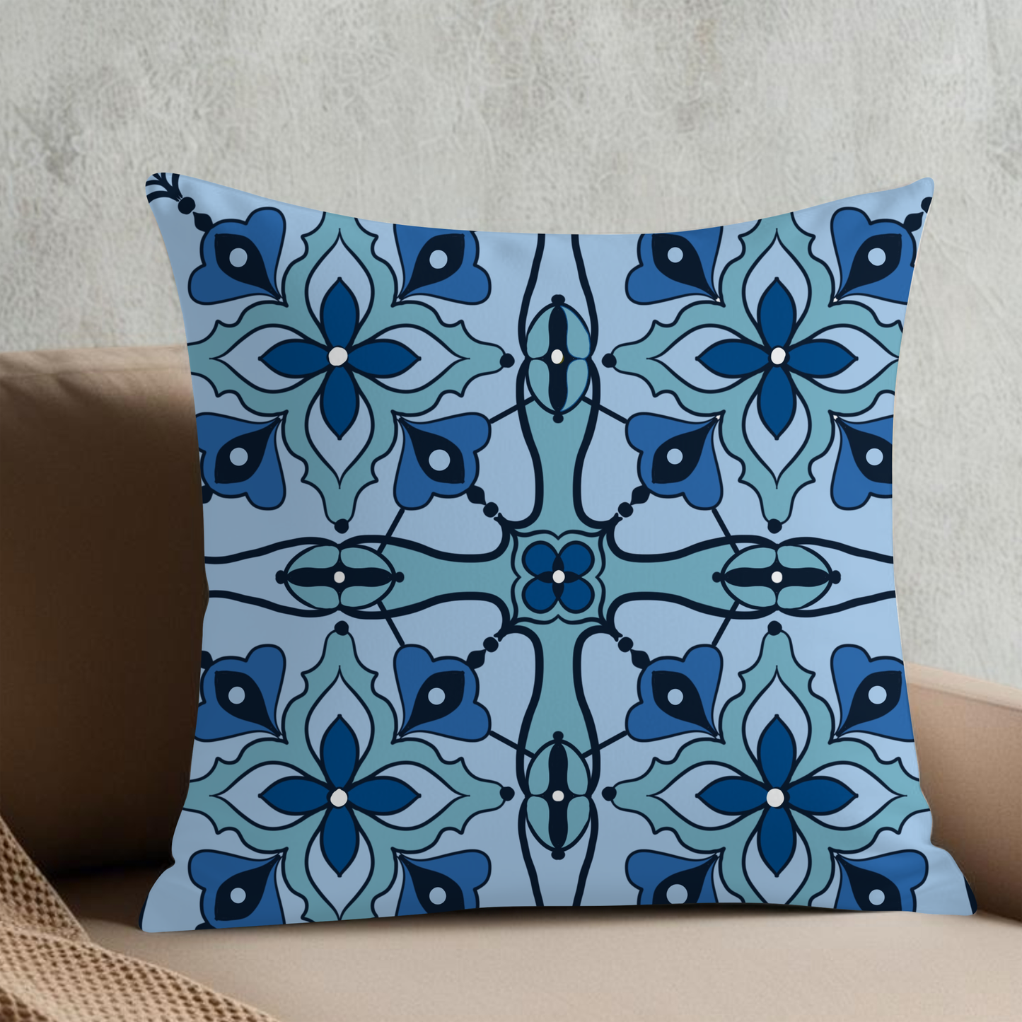 Moroccan Tile Cushion Cover Blue Teal Navy Geometric Pattern Hand-Drawn North African Decor