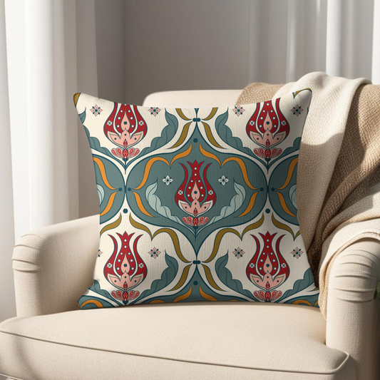 Ottoman Iznik tulip tile cushion cover teal crimson ivory — printed to order geometric pattern