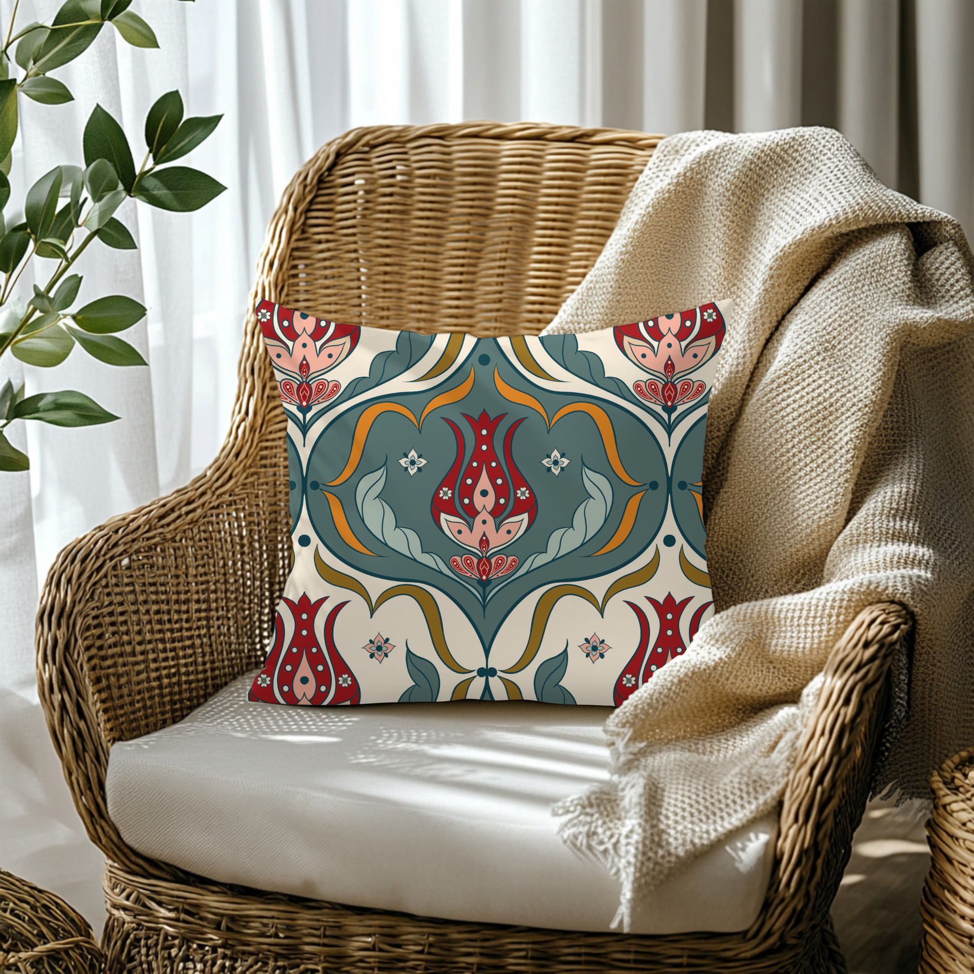 Hand-drawn Ottoman tulip tile cushion cover in teal and crimson — original heritage design