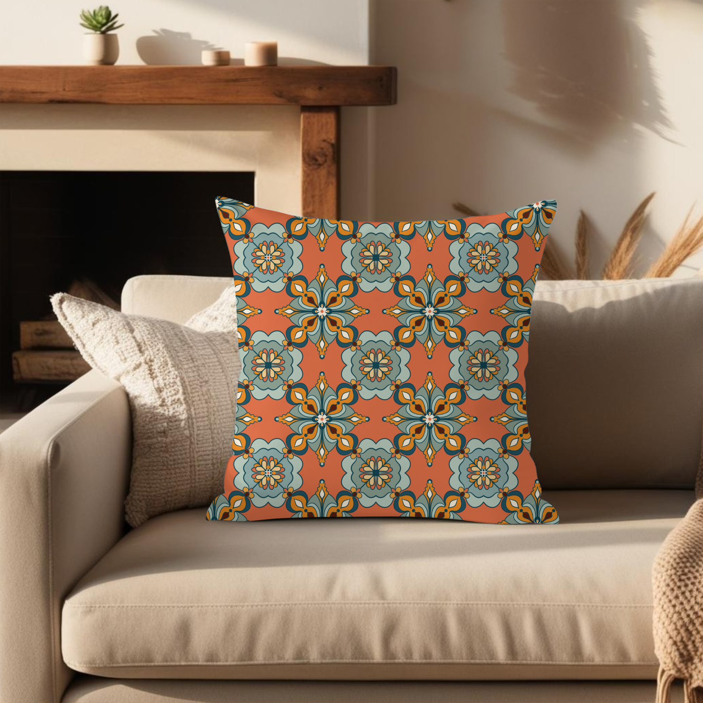 Moroccan zellige cushion cover terracotta sage heritage geometric print — overhead mockup