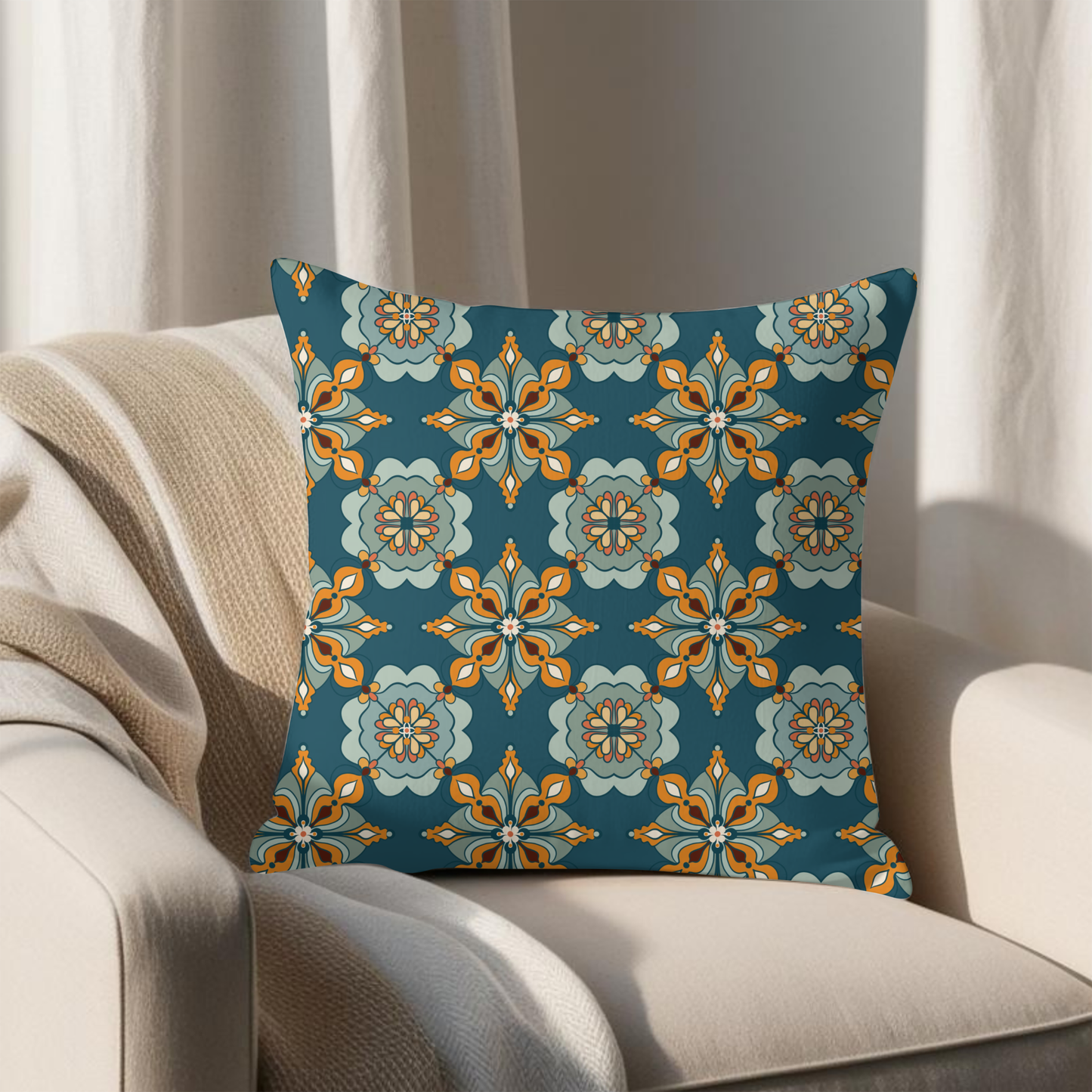 Moroccan tile cushion teal marigold dark — front view hand-drawn Jaziz Studio design
