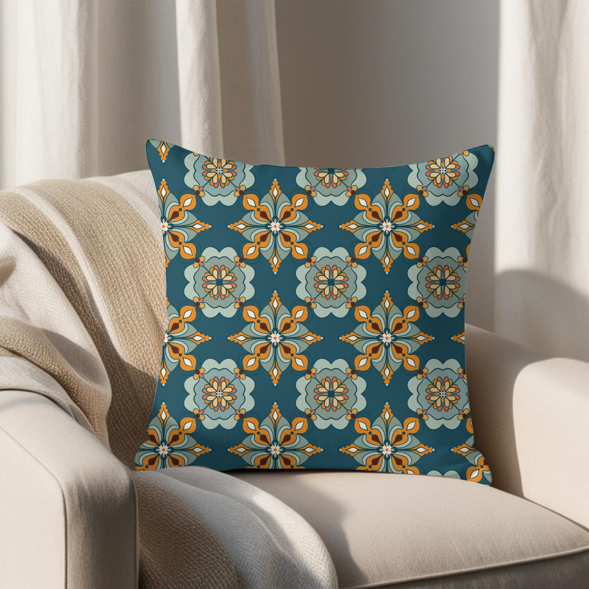 Moroccan tile cushion teal marigold dark — front view hand-drawn Jaziz Studio design