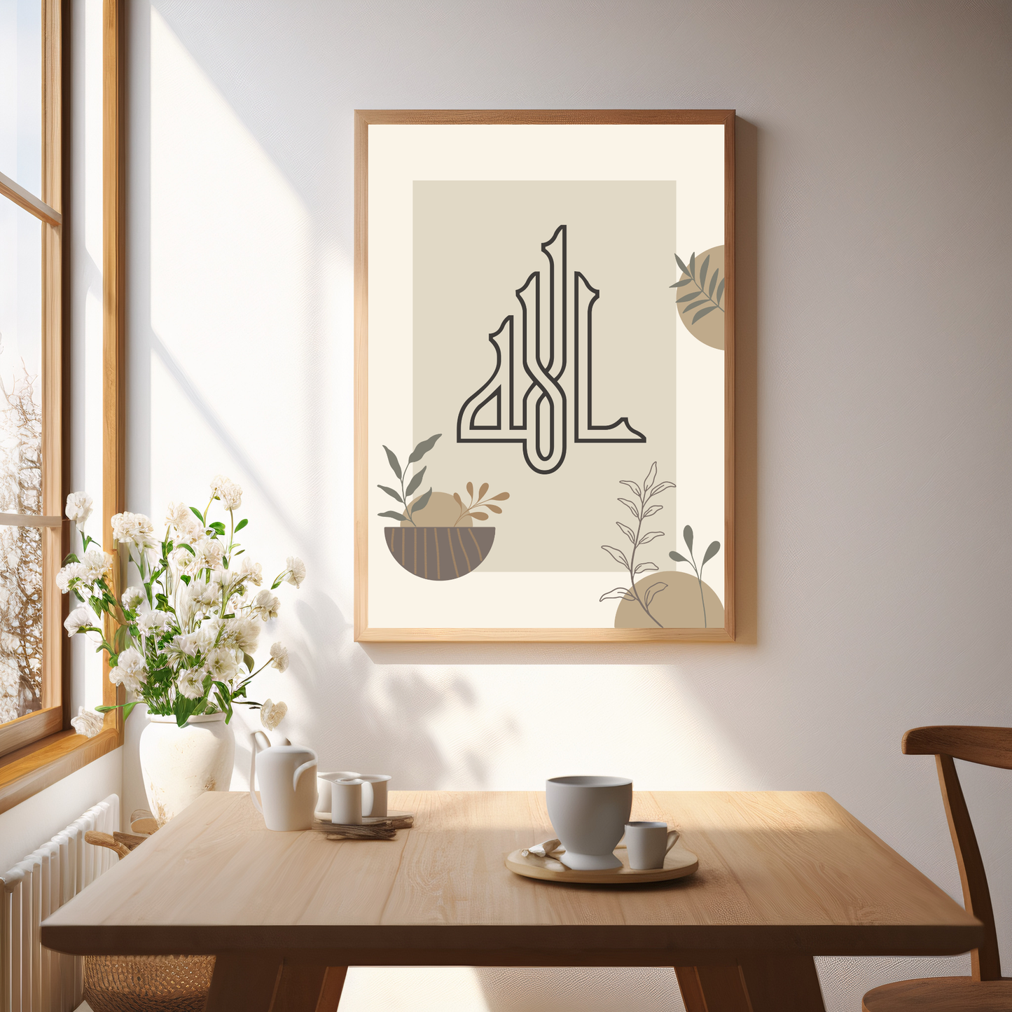 Allah calligraphy matte paper poster — sage and cream Japandi minimalist style