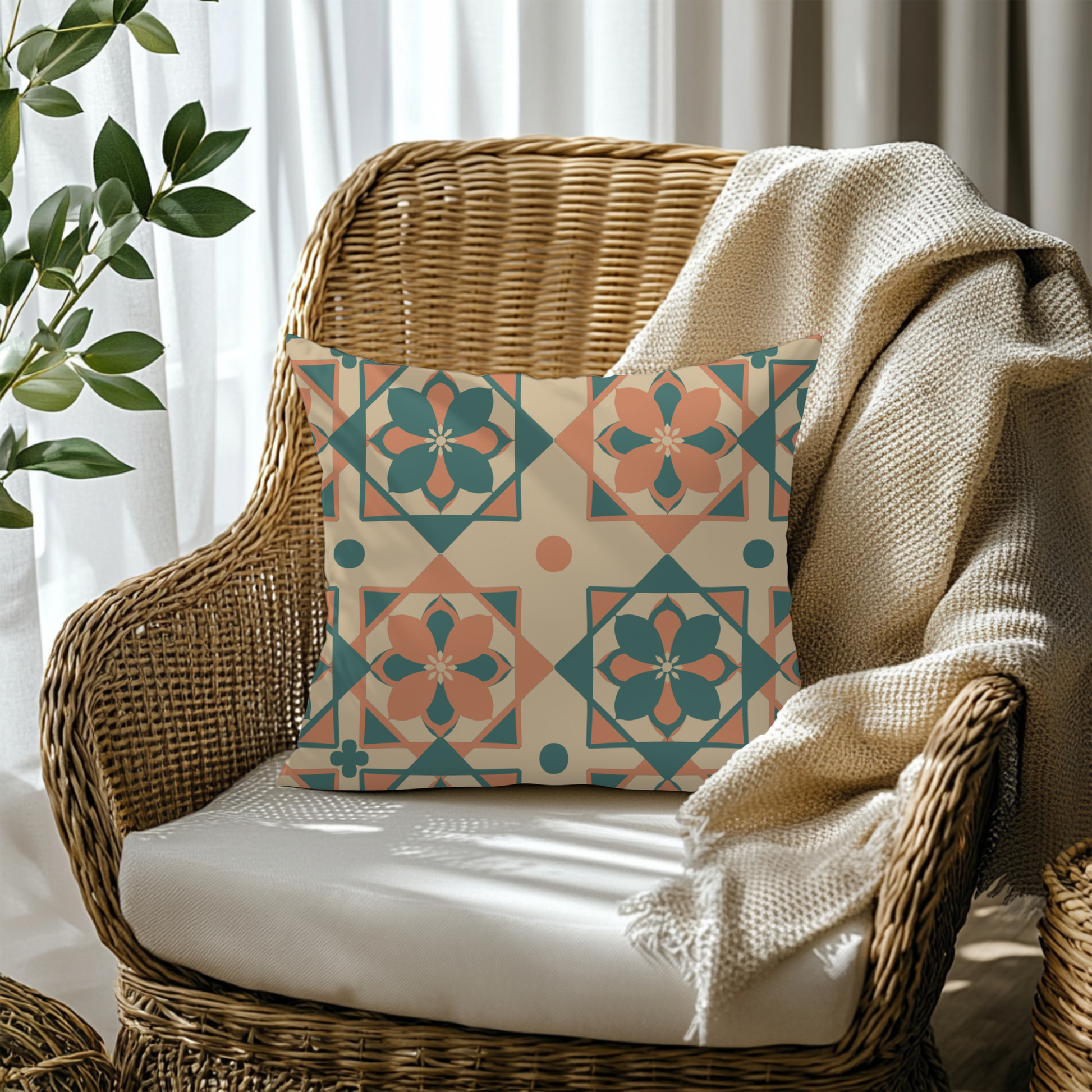Moroccan tile pattern cushion cover in teal, terracotta and cream — styled interior view