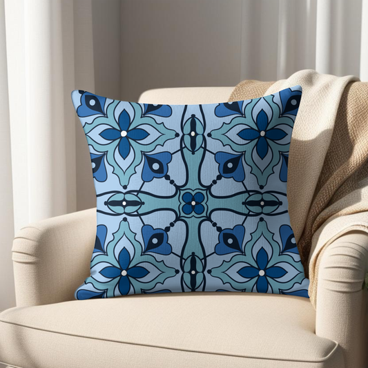 Moroccan Tile Cushion Cover Blue Teal Navy Geometric Pattern Hand-Drawn North African Decor