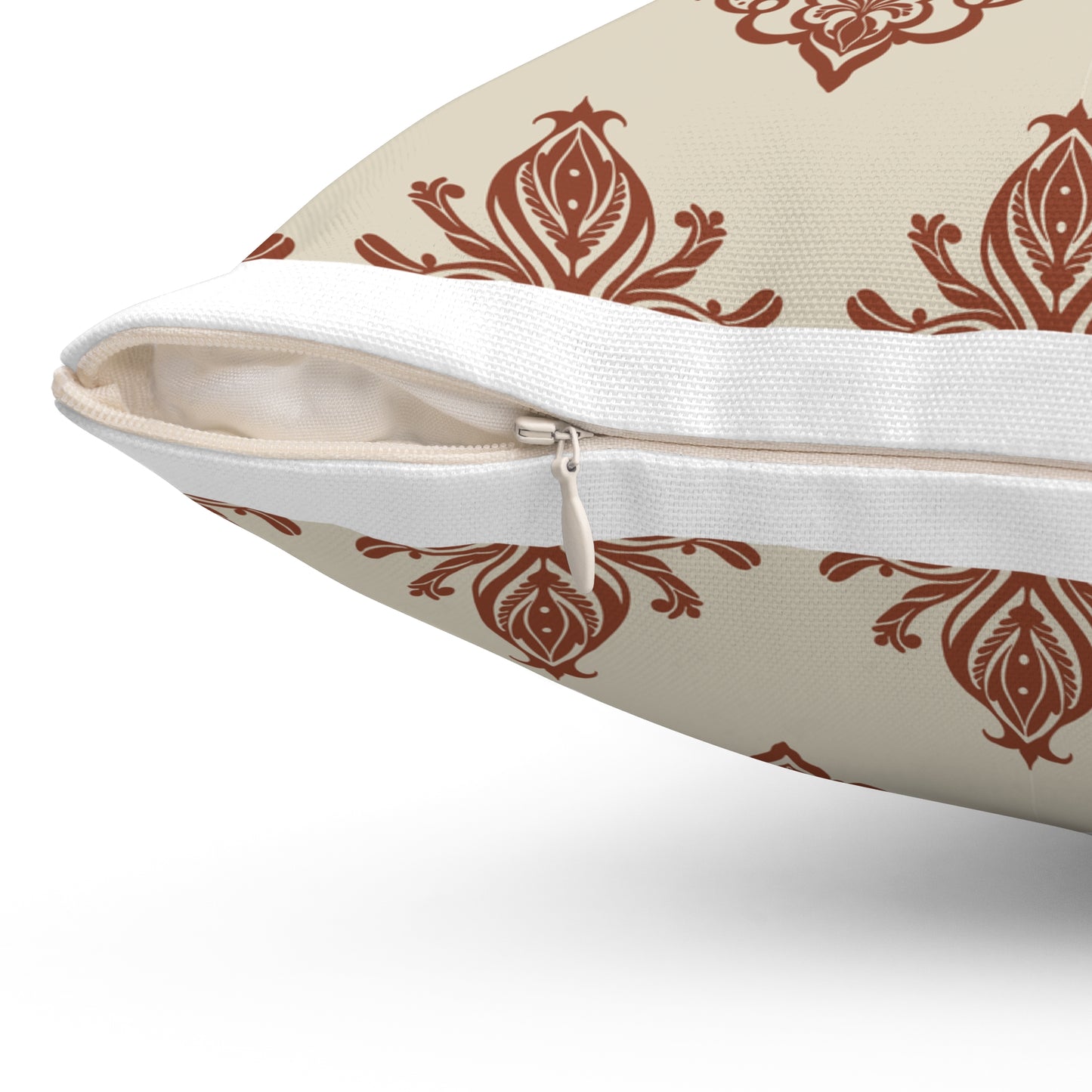 Vintage damask cushion cover in terracotta and cream — hand-drawn botanical pattern close-up