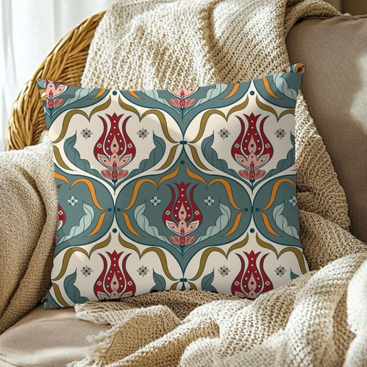 Ottoman Iznik tulip tile pattern cushion cover in teal crimson and ivory — hand-drawn Turkish heritage home decor