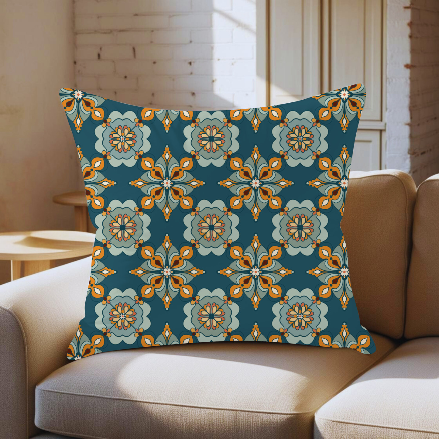 Moroccan zellige cushion teal marigold dark geometric print — styled room mockup