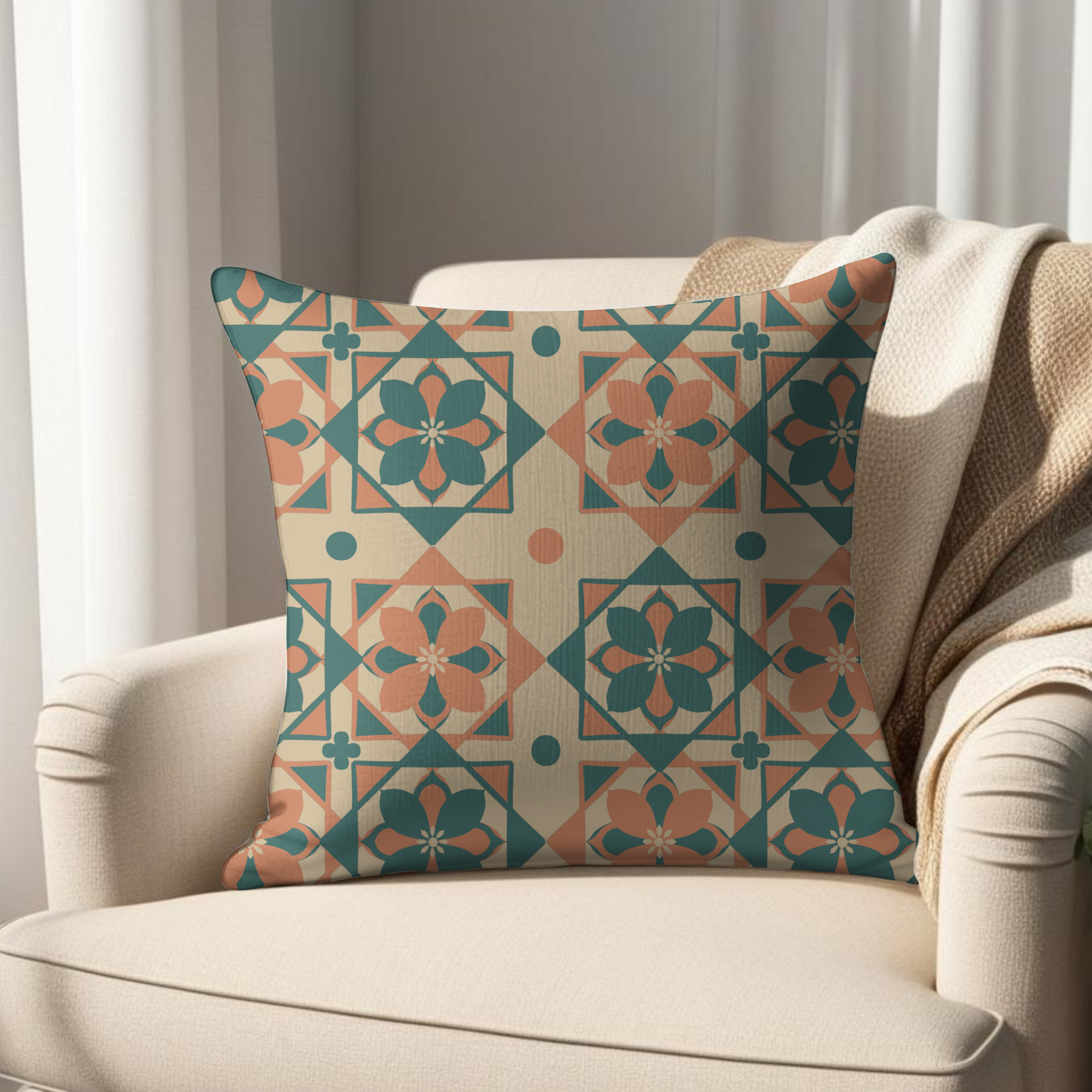 Moroccan tile cushion cover teal terracotta cream — close-up geometric pattern detail