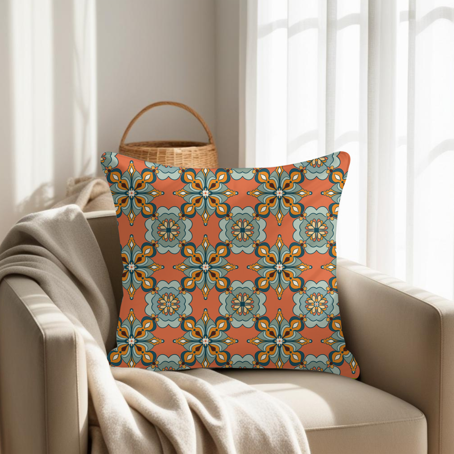 Moroccan tile cushion cover terracotta sage on sofa — Jaziz Studio hand-drawn design