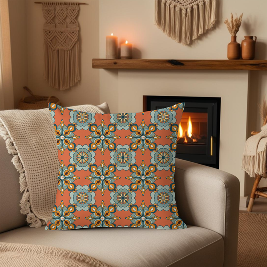 Moroccan tile pattern cushion cover in terracotta and sage — hand-drawn geometric North African design, 14x14 inch