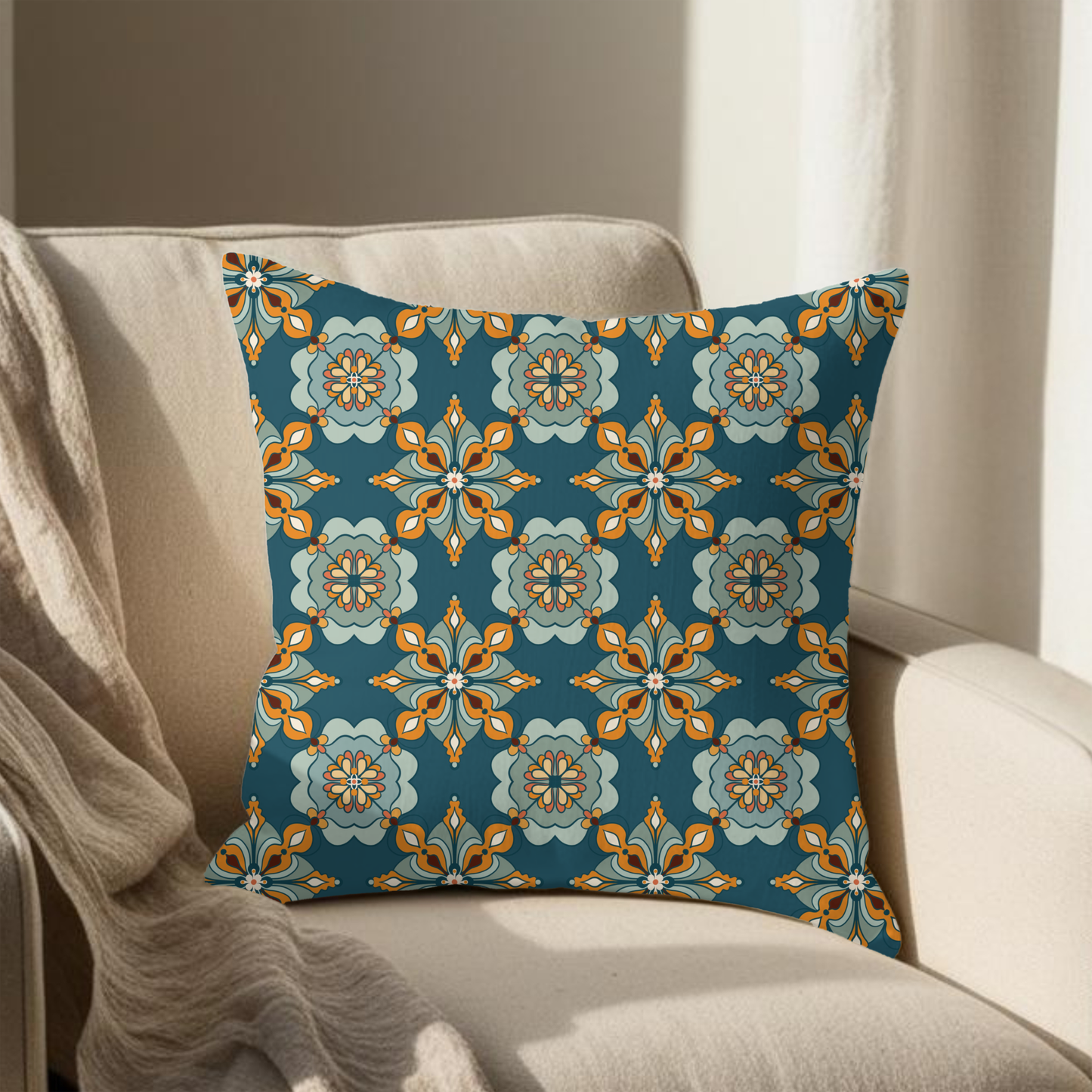 Close-up of Moroccan geometric tile pattern in teal and golden marigold on dark cushion