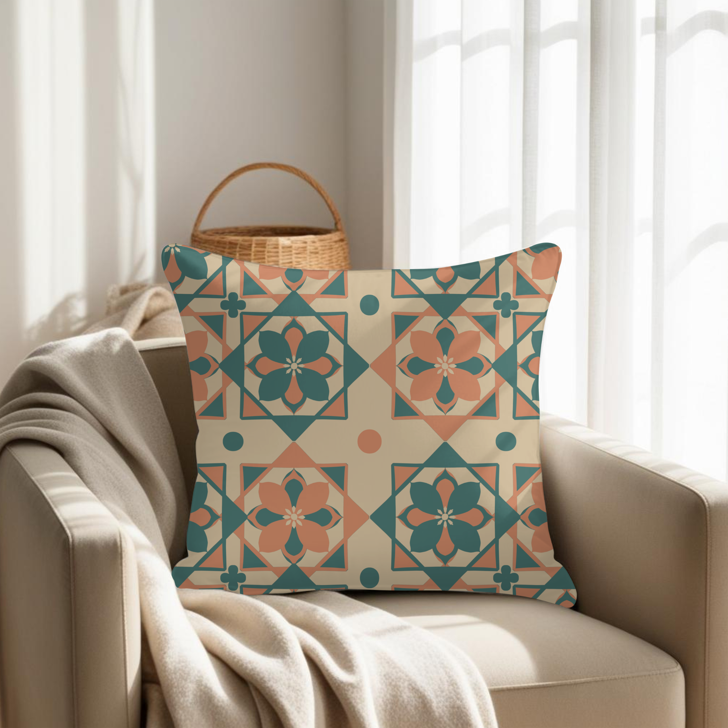 Moroccan zellige tile cushion cover in teal, terracotta and cream — angled view