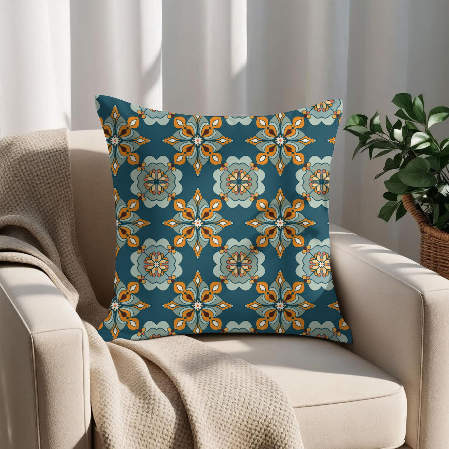 Moroccan tile cushion with insert in deep teal and marigold — hand-drawn North African geometric design, 14x14 inch