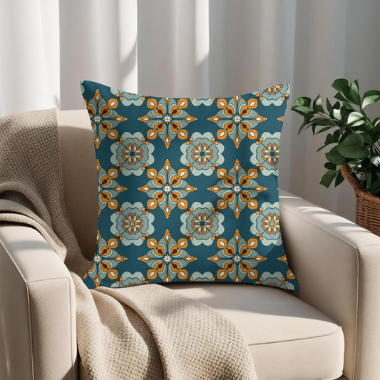 Moroccan tile cushion with insert in deep teal and marigold — hand-drawn North African geometric design, 14x14 inch