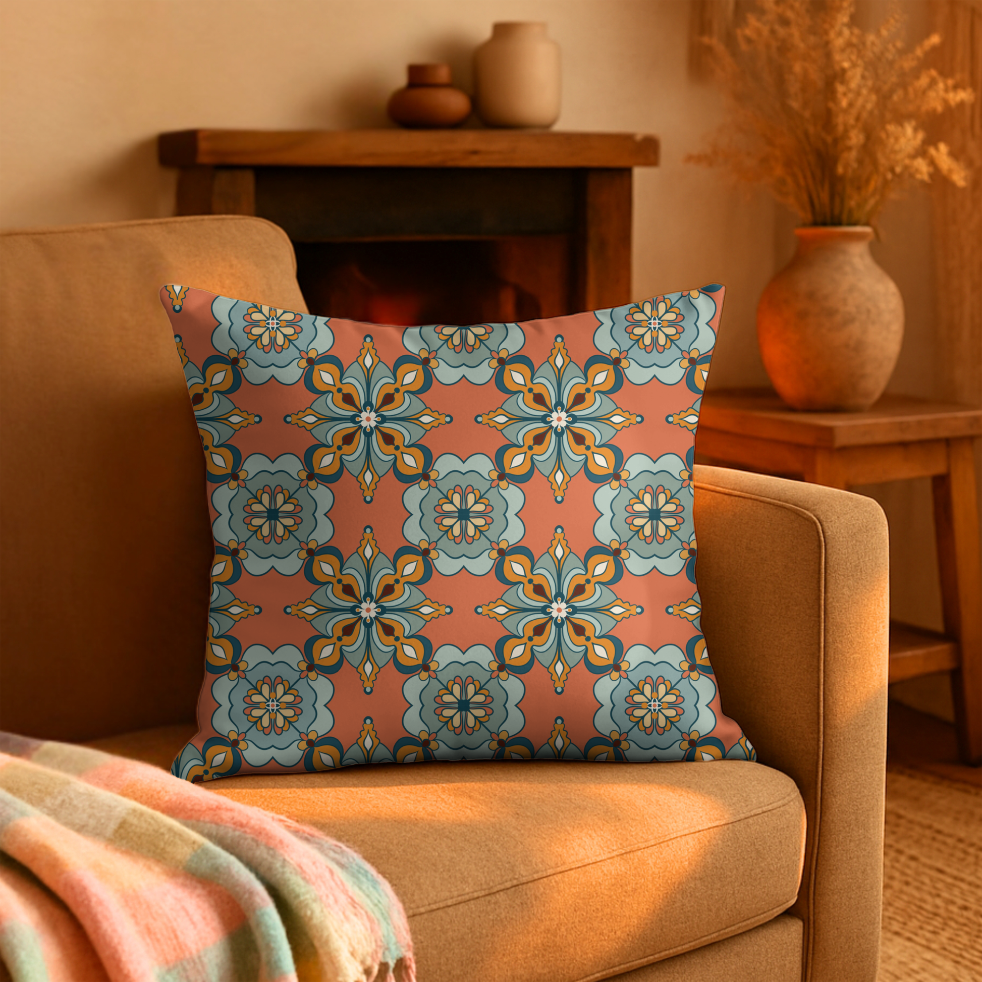 Close-up of Moroccan geometric tile pattern in terracotta and dusty sage on cushion cover