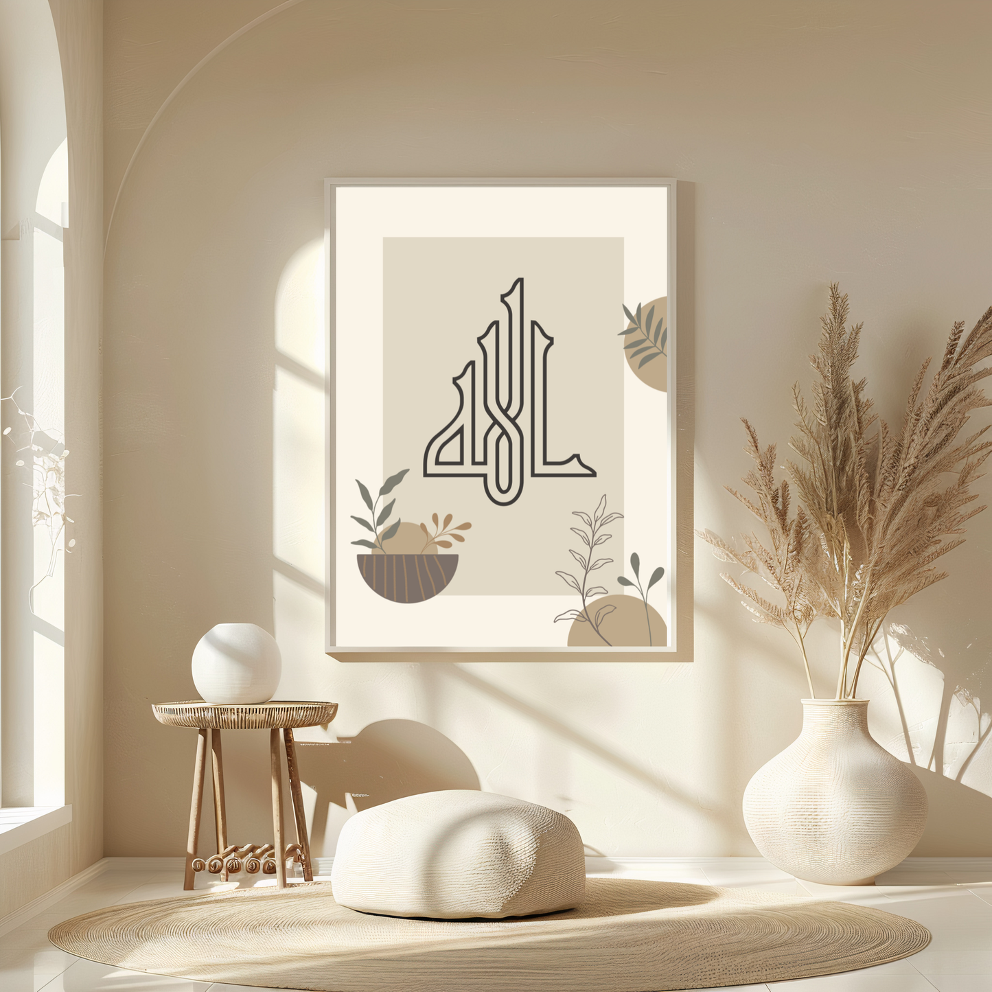 Allah calligraphy print on matte paper — Islamic Japandi wall art in sage and cream