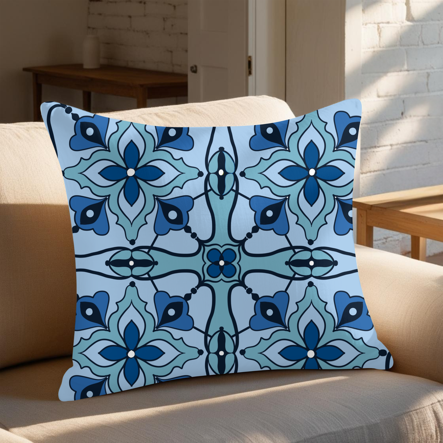 Moroccan Tile Cushion Cover Blue Teal Navy Geometric Pattern Hand-Drawn North African Decor