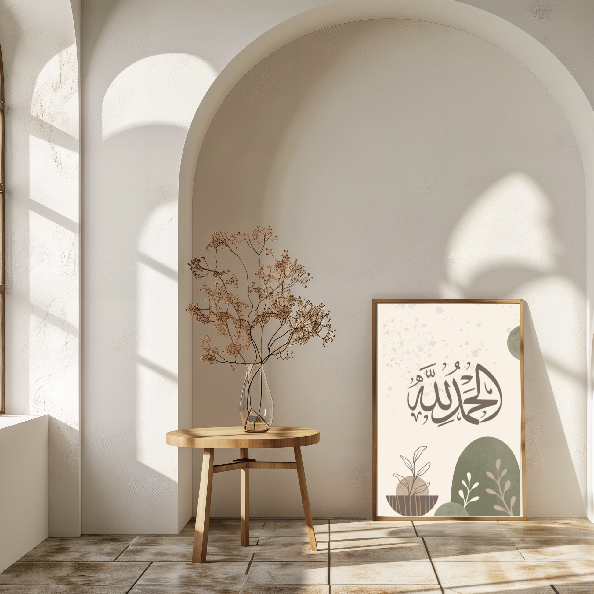 Alhamdulillah Arabic calligraphy Japandi print — room mockup showing unframed matte art