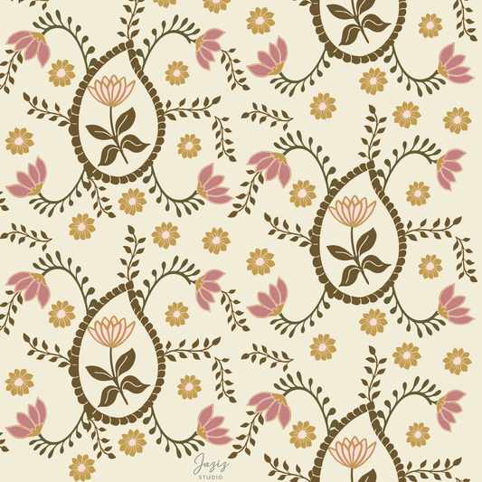 Paisley Floral Art Print Ivory, Pink & Gold Hand-Drawn Digital Download