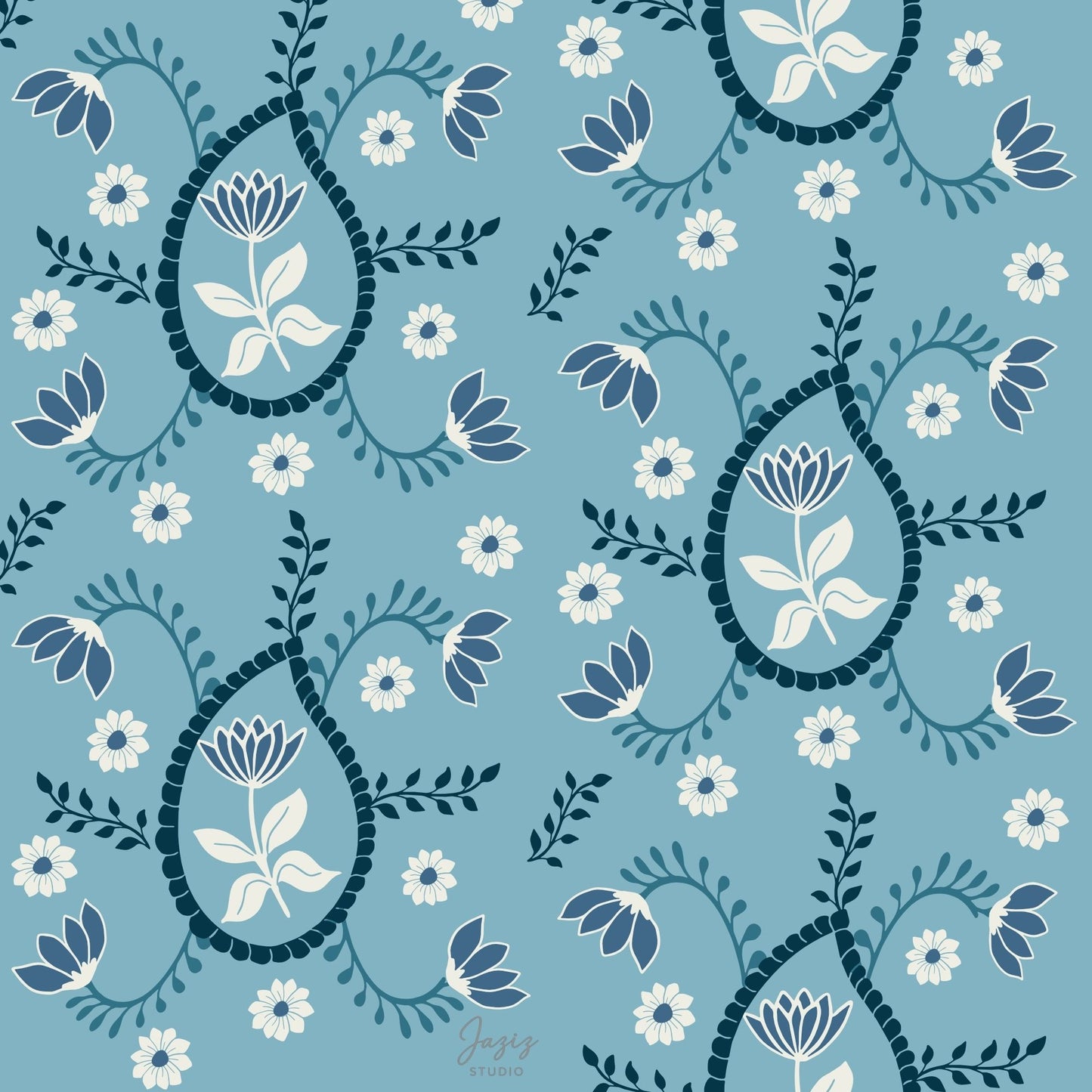 Paisley Floral Art Print Steel Blue, Navy & White Hand-Drawn Digital Download