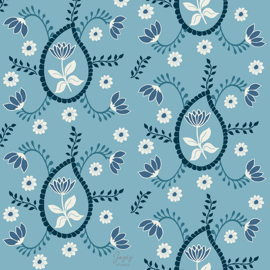 Paisley Floral Art Print Steel Blue, Navy & White Hand-Drawn Digital Download