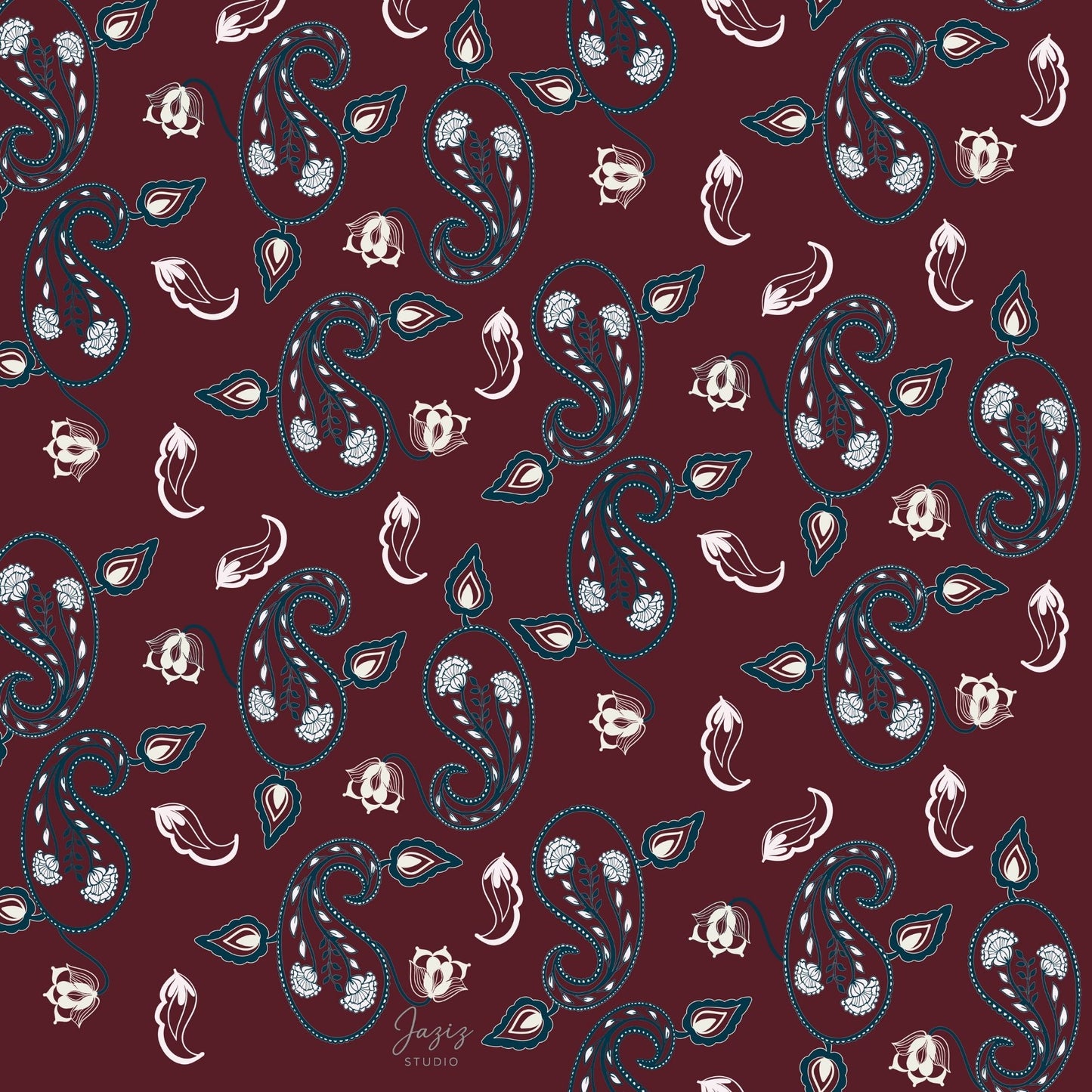 Paisley Pattern Art Print Burgundy & Navy Hand-Drawn Digital Download