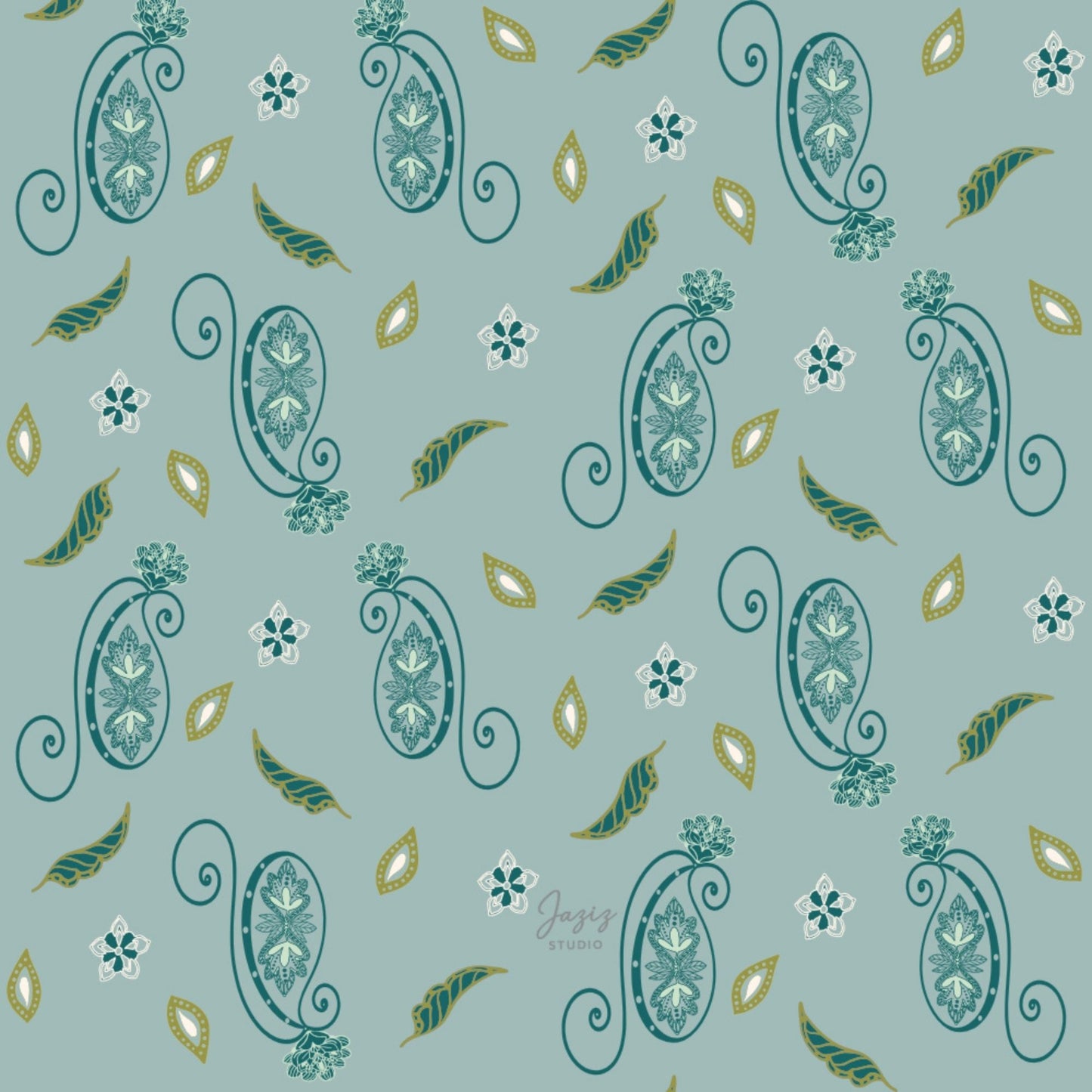 Paisley Pattern Art Print Sage, Teal & Olive Hand-Drawn Digital Download