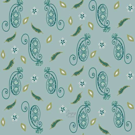Paisley Pattern Art Print Sage, Teal & Olive Hand-Drawn Digital Download