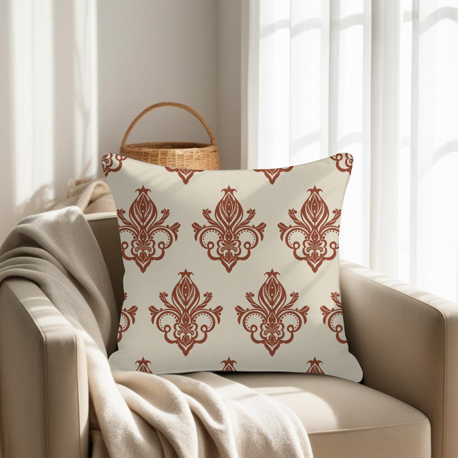 Vintage damask pattern cushion cover in terracotta and cream — printed to order UK