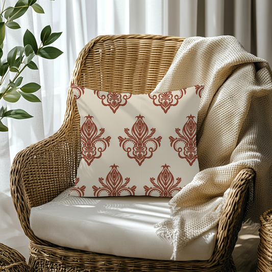 Damask cushion cover in terracotta and ivory — boho vintage home decor, Jaziz Studio