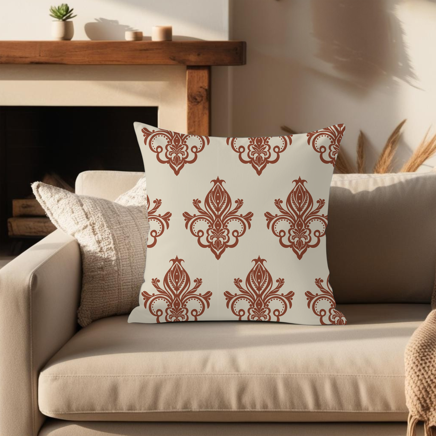 Hand-drawn damask cushion cover in rust and ivory — original botanical design