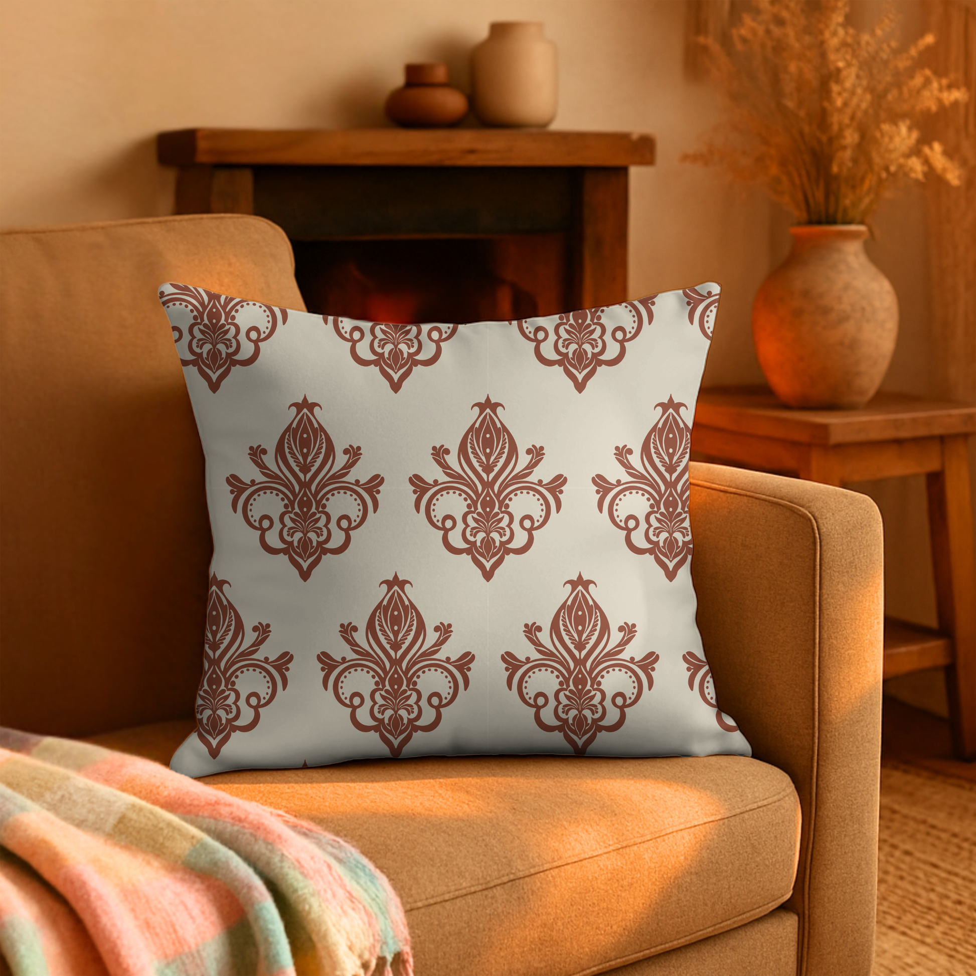 Damask pattern cushion cover in terracotta and cream — hand-drawn vintage home decor