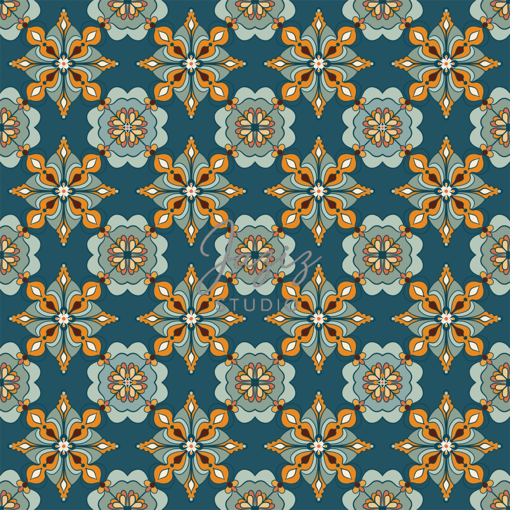 Moroccan zellige tile pattern digital art print in deep teal and marigold — hand-drawn geometric wall art, instant download 300 DPI