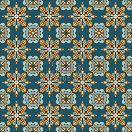 Moroccan zellige tile pattern digital art print in deep teal and marigold — hand-drawn geometric wall art, instant download 300 DPI