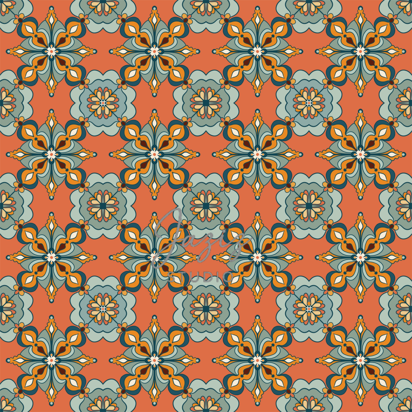 Moroccan zellige tile pattern digital art print in terracotta and sage — hand-drawn geometric wall art, instant download 300 DPI