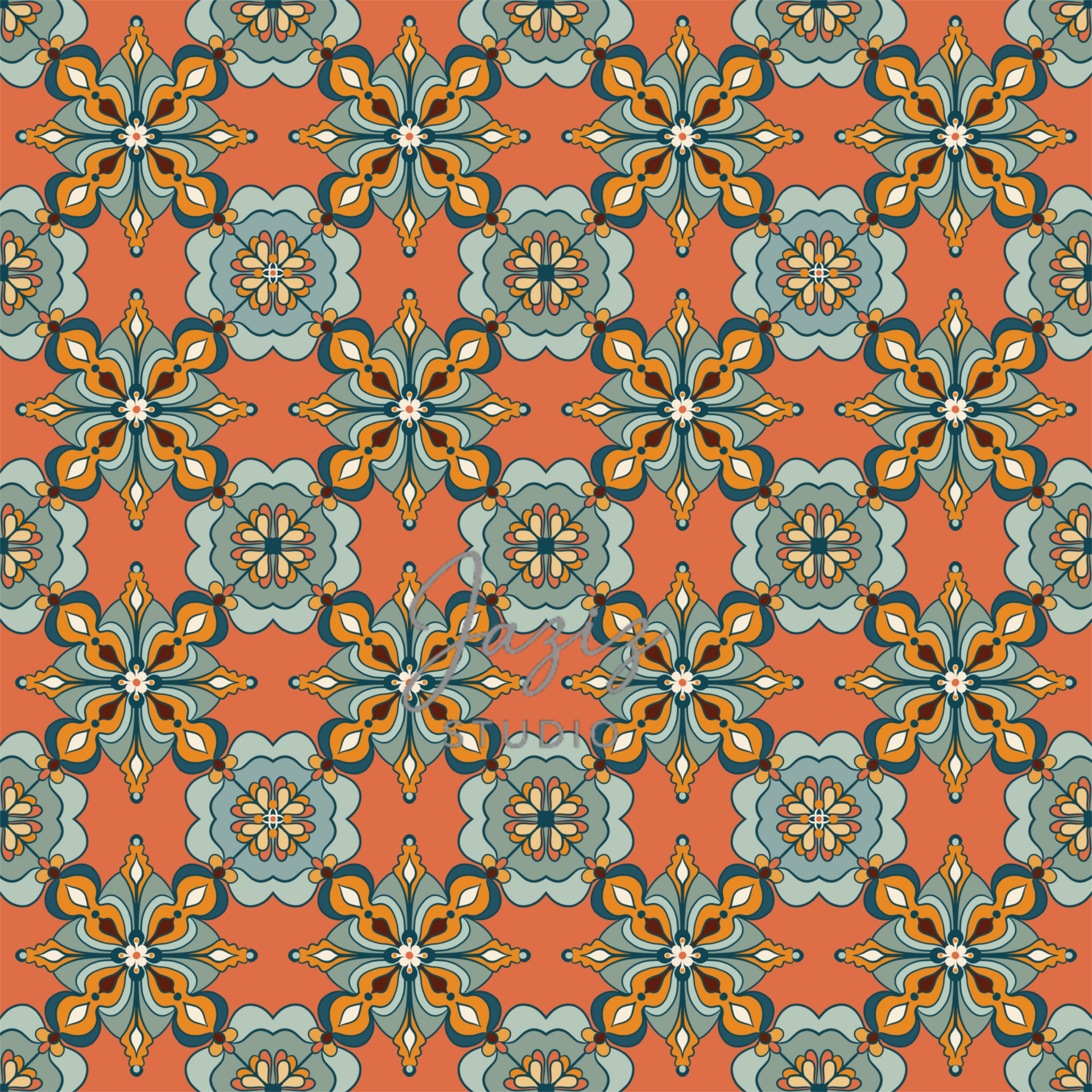 Moroccan zellige tile pattern digital art print in terracotta and sage — hand-drawn geometric wall art, instant download 300 DPI