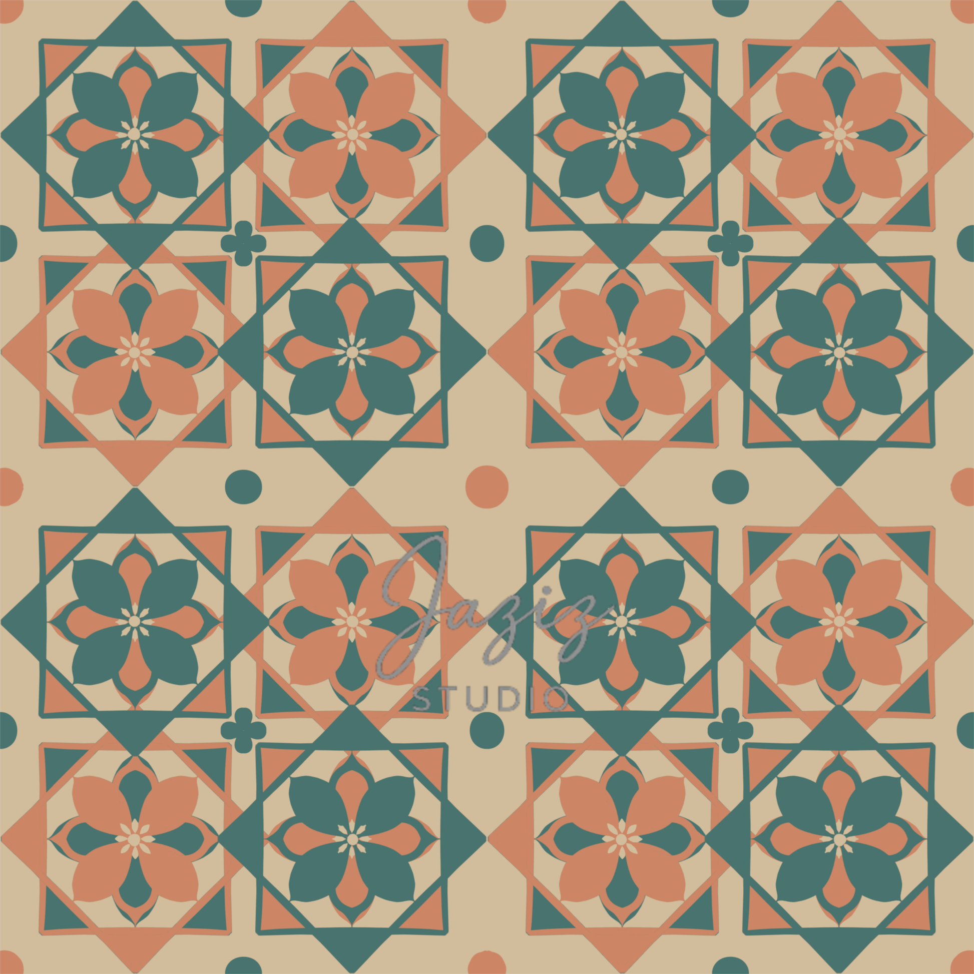 Moroccan zellige tile pattern digital art print in teal, terracotta and cream — instant download 300 DPI