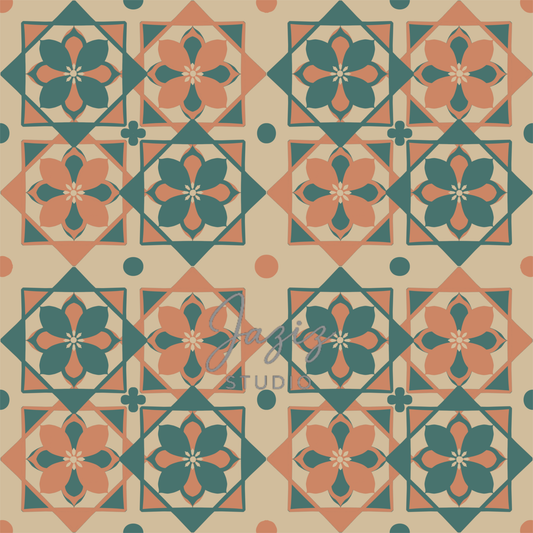 Moroccan zellige tile pattern digital art print in teal, terracotta and cream — instant download 300 DPI
