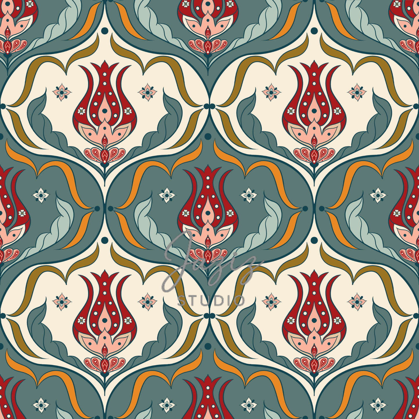 Digital Art Print Ottoman Iznik Tulip Tile Pattern Teal Crimson Ivory Instant Download Wall Art