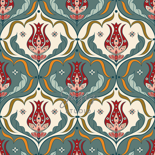 Digital Art Print Ottoman Iznik Tulip Tile Pattern Teal Crimson Ivory Instant Download Wall Art
